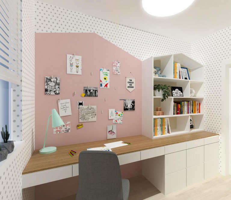 Návrh detskej izby - pracovný stôl na mieru, knižnica v tvare domčeka, úložný priestor, tapeta