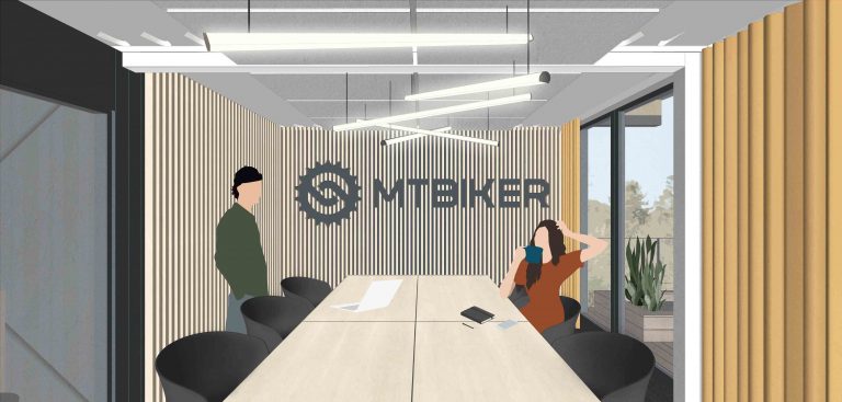 Projekt interiéru MTBIKER office, veľký meeting room, logo lamely, VAUarchitects